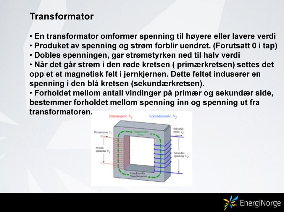 settes det opp et et magnetisk felt i jernkjernen. Dette feltet induserer en spenning i den blå kretsen (sekundærkretsen).