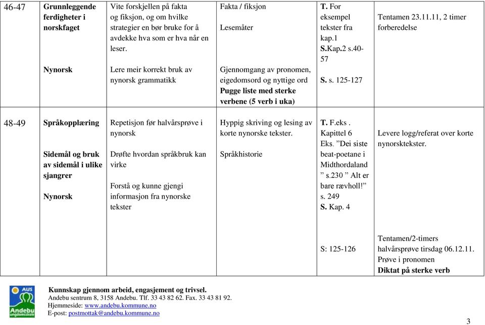 11.11, 2 timer forberedelse 48-49 Språkopplæring Sidemål og bruk av sidemål i ulike sjangrer Repetisjon før halvårsprøve i nynorsk Drøfte hvordan språkbruk kan virke Forstå og kunne gjengi