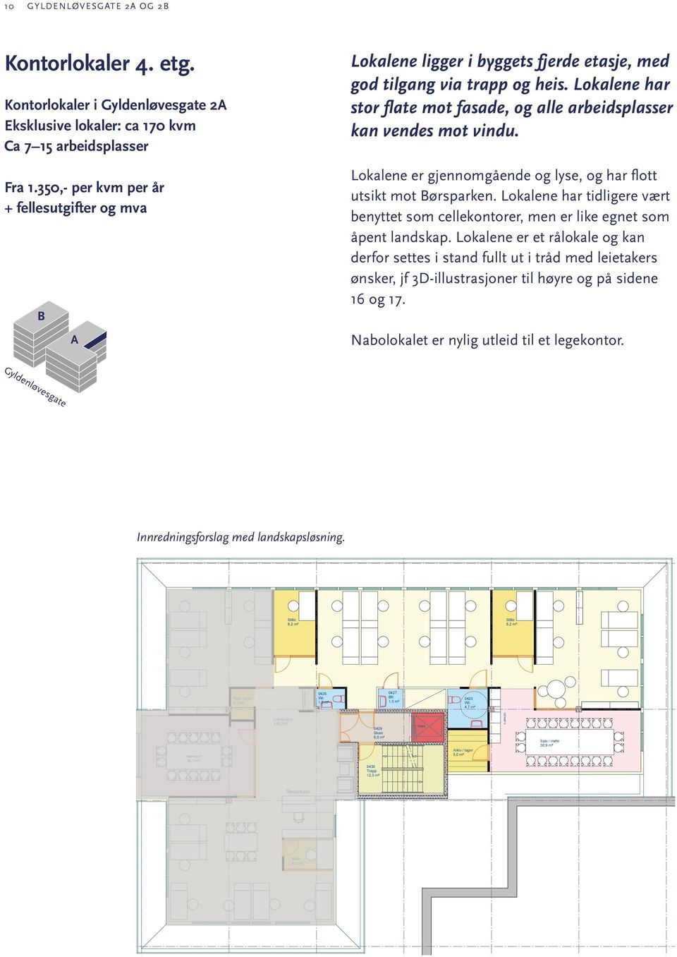 Lokalene har stor flate mot fasade, og alle arbeidsplasser kan vendes mot vindu. Lokalene er gjennomgående og lyse, og har flott utsikt mot Børsparken.