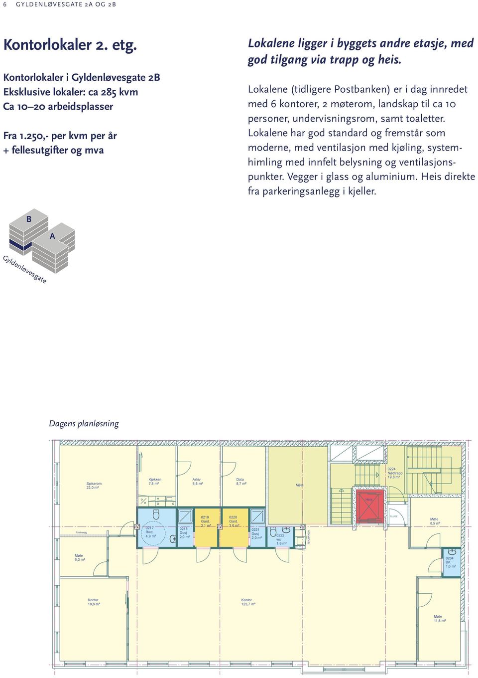 Lokalene (tidligere Postbanken) er i dag innredet med 6 kontorer, 2 møterom, landskap til ca 10 personer, undervisningsrom, samt toaletter.