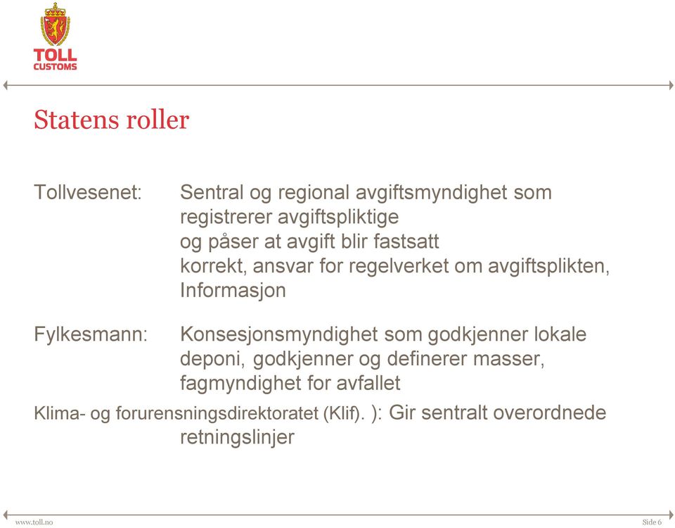 Konsesjonsmyndighet som godkjenner lokale deponi, godkjenner og definerer masser, fagmyndighet for