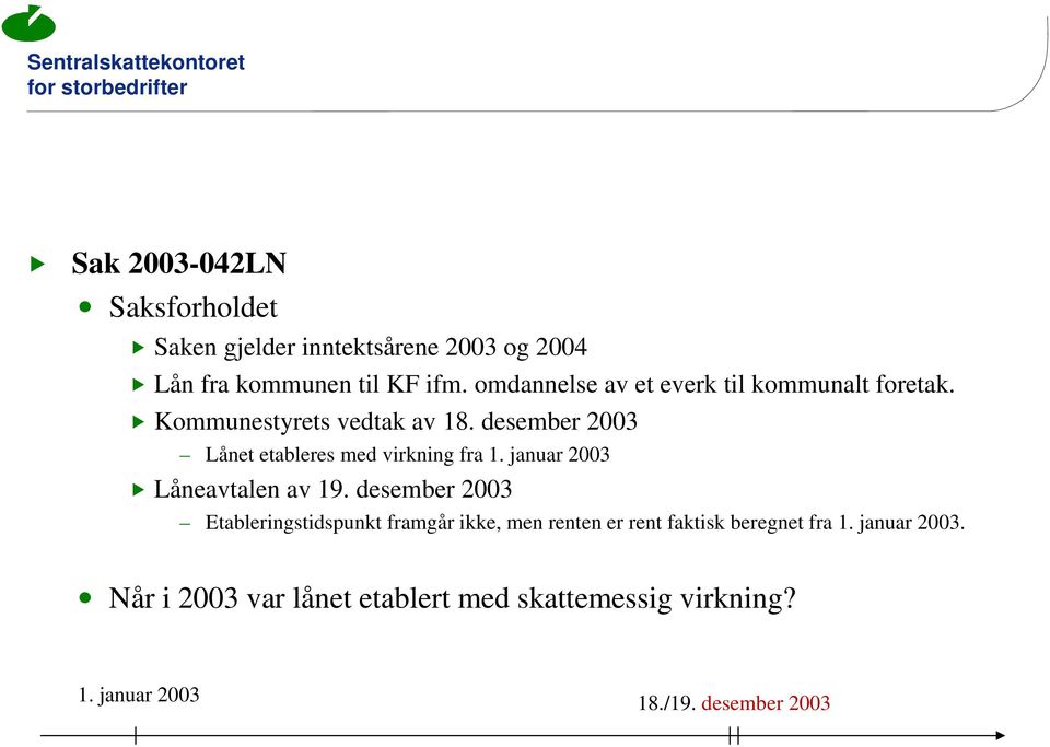 desember 2003 Lånet etableres med virkning fra 1. januar 2003 Låneavtalen av 19.