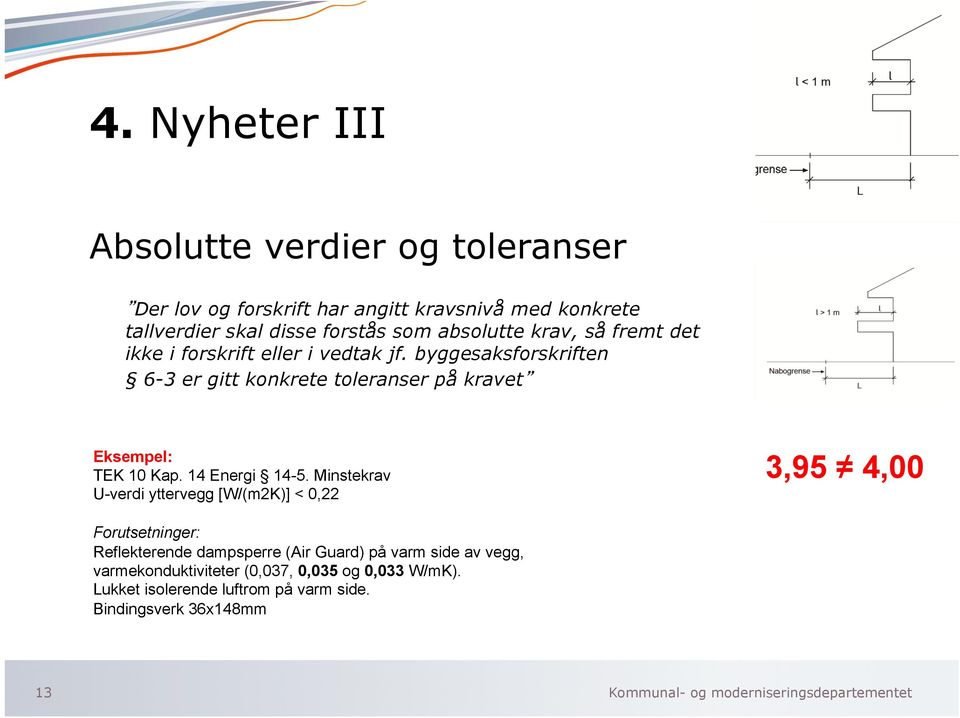 så fremt det ikke i forskrift eller i vedtak jf. byggesaksforskriften 6-3 er gitt konkrete toleranser på kravet Eksempel: TEK 10 Kap. 14 Energi 14-5.