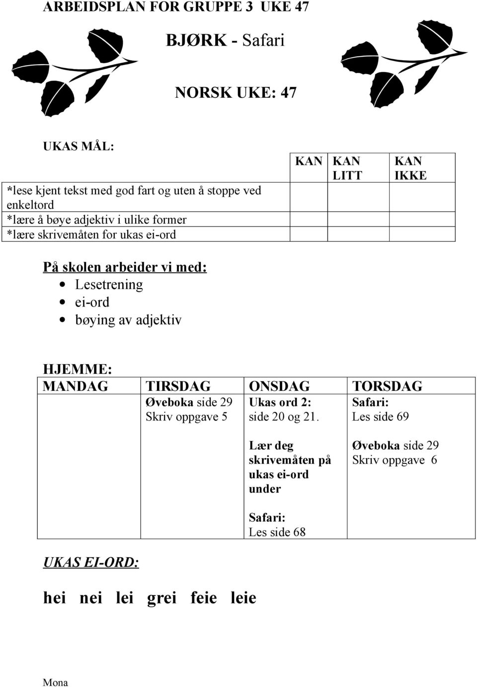 adjektiv KAN KAN LITT KAN IKKE HJEMME: side 29 Skriv oppgave 5 Ukas ord 2: side 20 og 21.