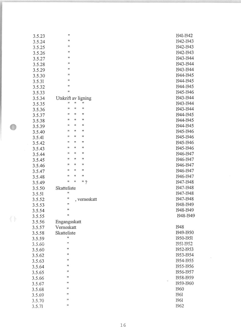 5.47 1946-1947 3.5.48 1946-1947 3.5.49? 1947-1948 3.5.50 Skatteliste 1947-1948 3.5.51 1947-1948 3.5.52, verneskatt 1947-1948 3.5.53 1948-1949 3.5.54 1948-1949 3.5.55 1948-1949 3.5.56 Engangsskatt 3.5.57 Verneskatt 1948 3.