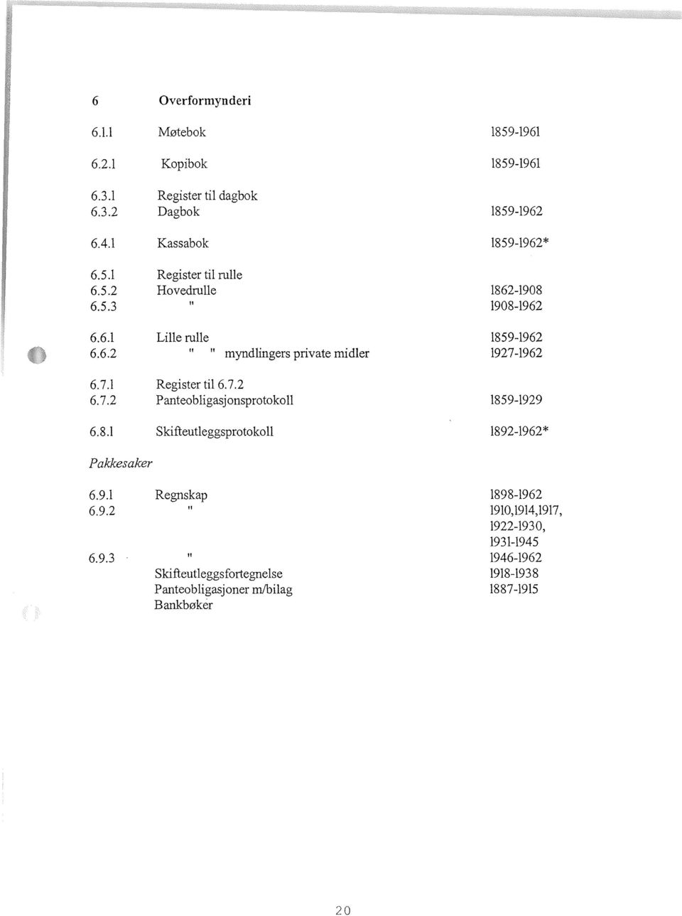 7.1 Register til 6.7.2 6.7.2 Panteobligasjonsprotokoll 1859-1929 6.8.1 Skifteut1eggsprotokoll 1892-1962* Pakkesaker 6.9.1 Regnskap 1898-1962 6.