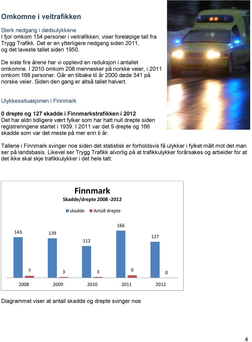 I 2010 omkom 208 mennesker på norske veier, i 2011 omkom 168 personer. Går en tilbake til år 2000 døde 341 på norske veier. Siden den gang er altså tallet halvert.