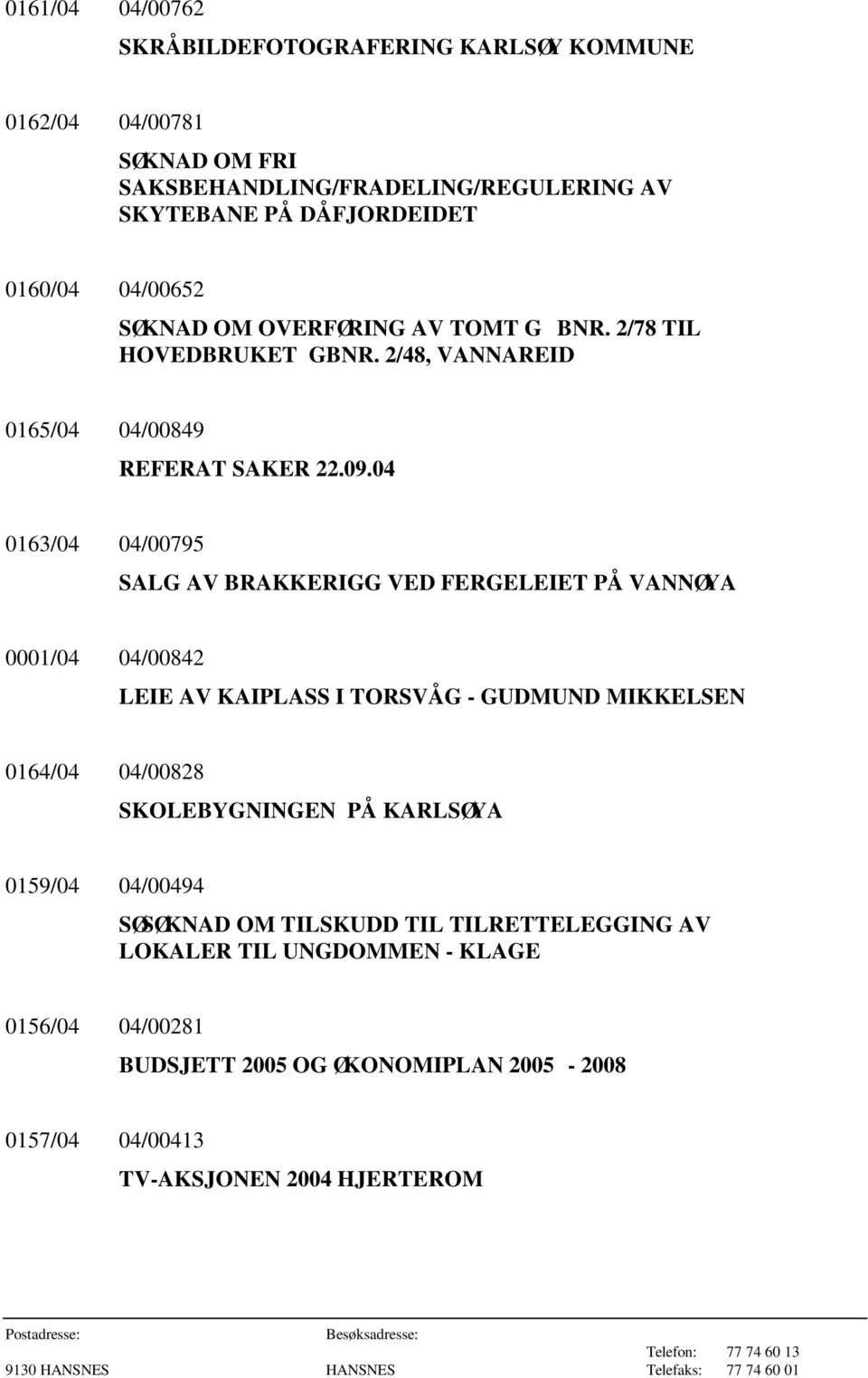 04 0163/04 04/00795 SALG AV BRAKKERIGG VED FERGELEIET PÅ VANNØYA 0001/04 04/00842 LEIE AV KAIPLASS I TORSVÅG - GUDMUND MIKKELSEN 0164/04 04/00828 SKOLEBYGNINGEN