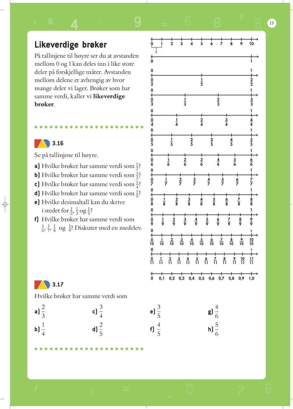 a) Hvilke bröker har samme verdi som 2? b) Hvilke bröker har samme verdi som? c) Hvilke bröker har samme verdi som 4? d) Hvilke bröker har samme verdi som 5?