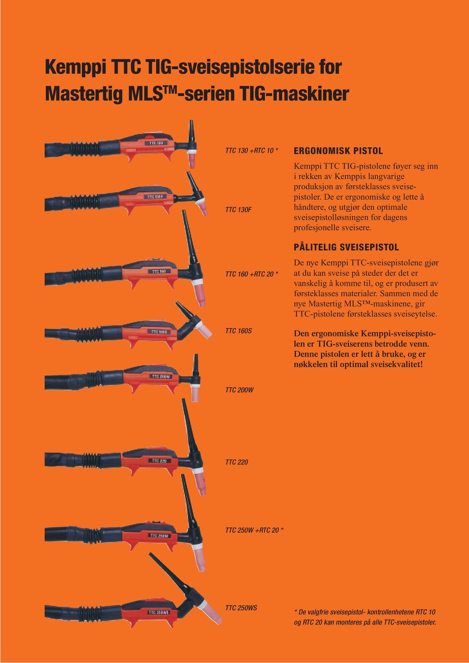 PÅLITELIG SVEISEPISTOL De nye Kemppi TTC-sveisepistolene gjør at du kan sveise på steder der det er vanskelig å komme til, og er produsert av førsteklasses materialer.