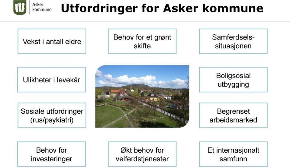 Sosiale utfordringer (rus/psykiatri) Begrenset arbeidsmarked Behov for