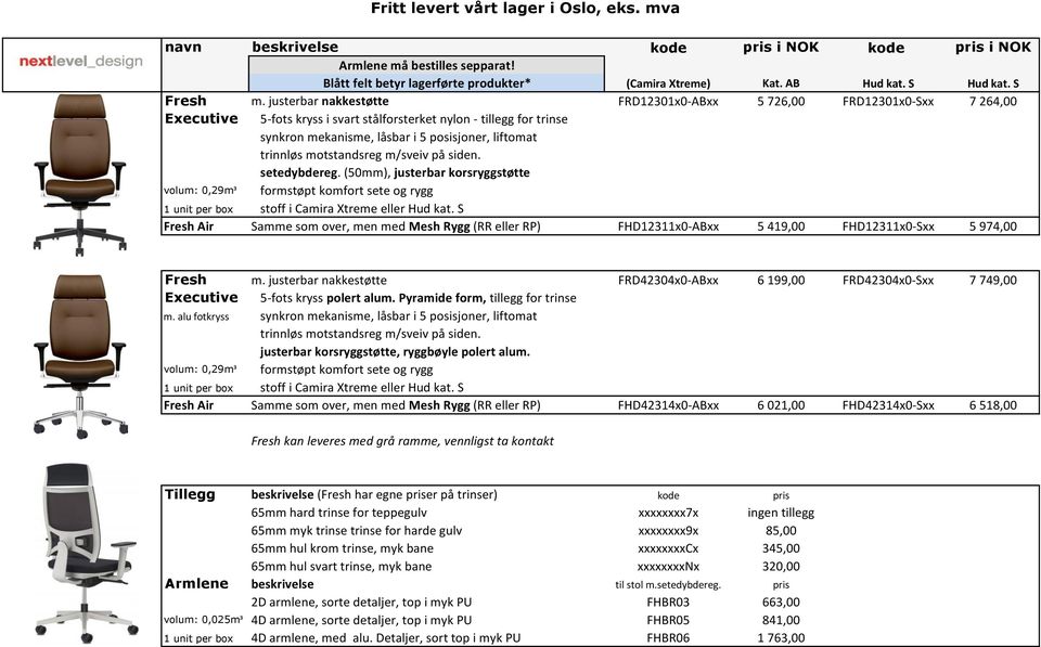volum: 0,29m³ formstøpt komfort sete og rygg stoff i Camira Xtreme eller Hud kat. S Fresh Air Samme som over, men med Mesh Rygg (RR eller RP) FHD12311x0-ABxx 5 419,00 FHD12311x0-Sxx 5 974,00 Fresh m.