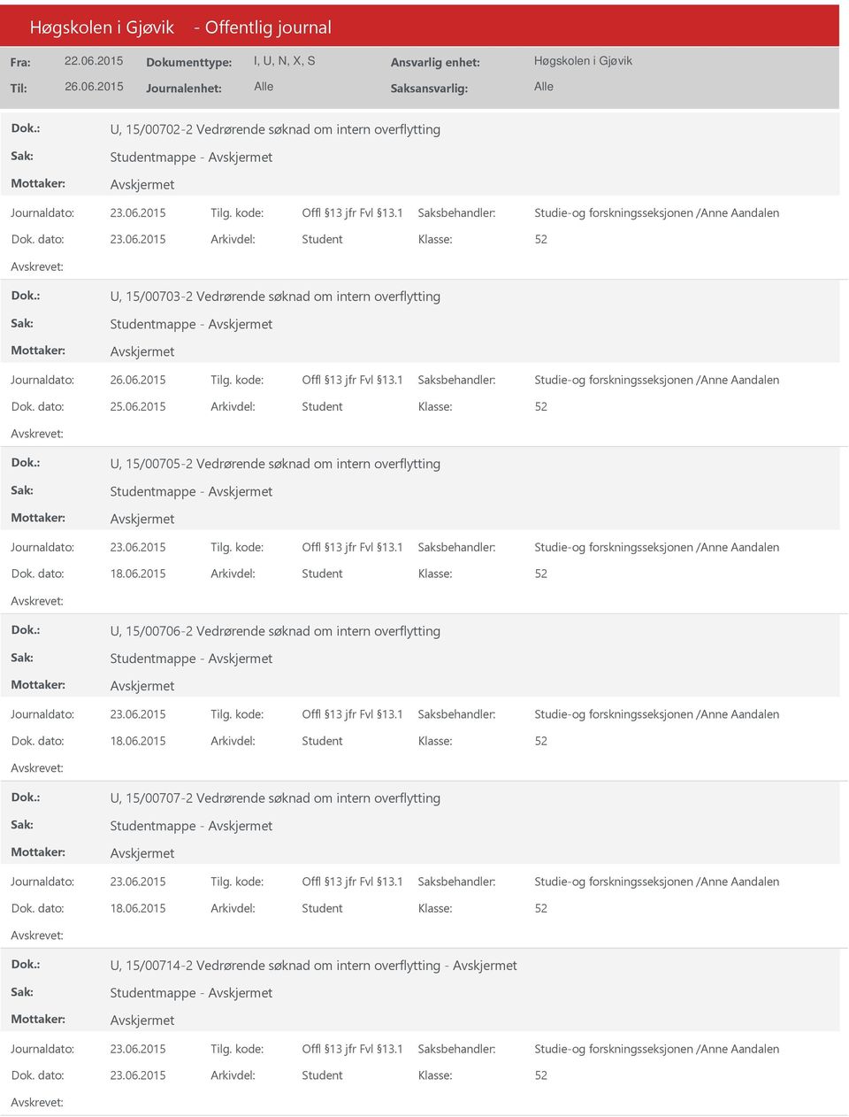 2015 Arkivdel: Student, 15/00705-2 Vedrørende søknad om intern overflytting Studentmappe - Dok. dato: 18.06.