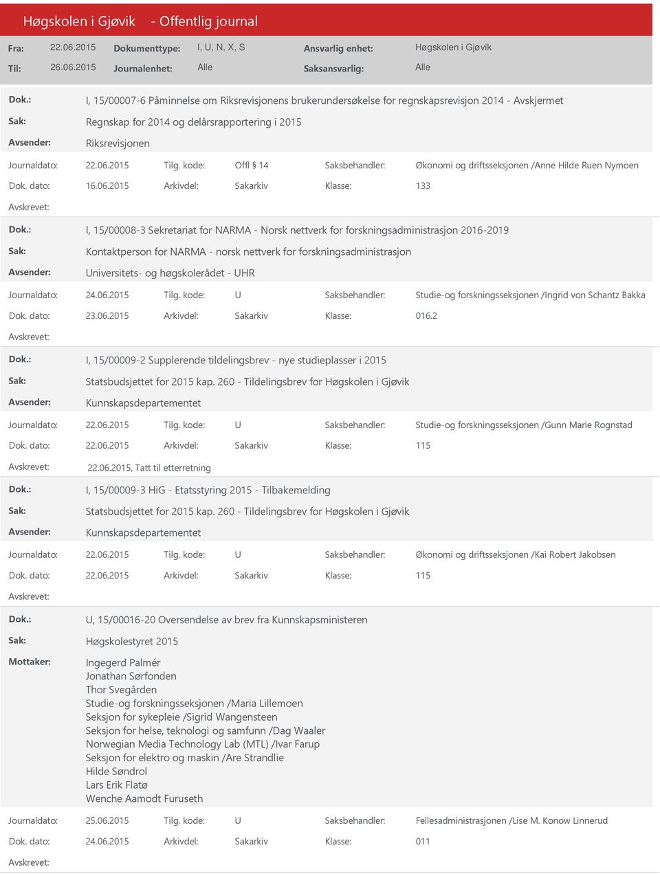 2015 Arkivdel: Sakarkiv 133 I, 15/00008-3 Sekretariat for NARMA - Norsk nettverk for forskningsadministrasjon 2016-2019 Kontaktperson for NARMA - norsk nettverk for forskningsadministrasjon
