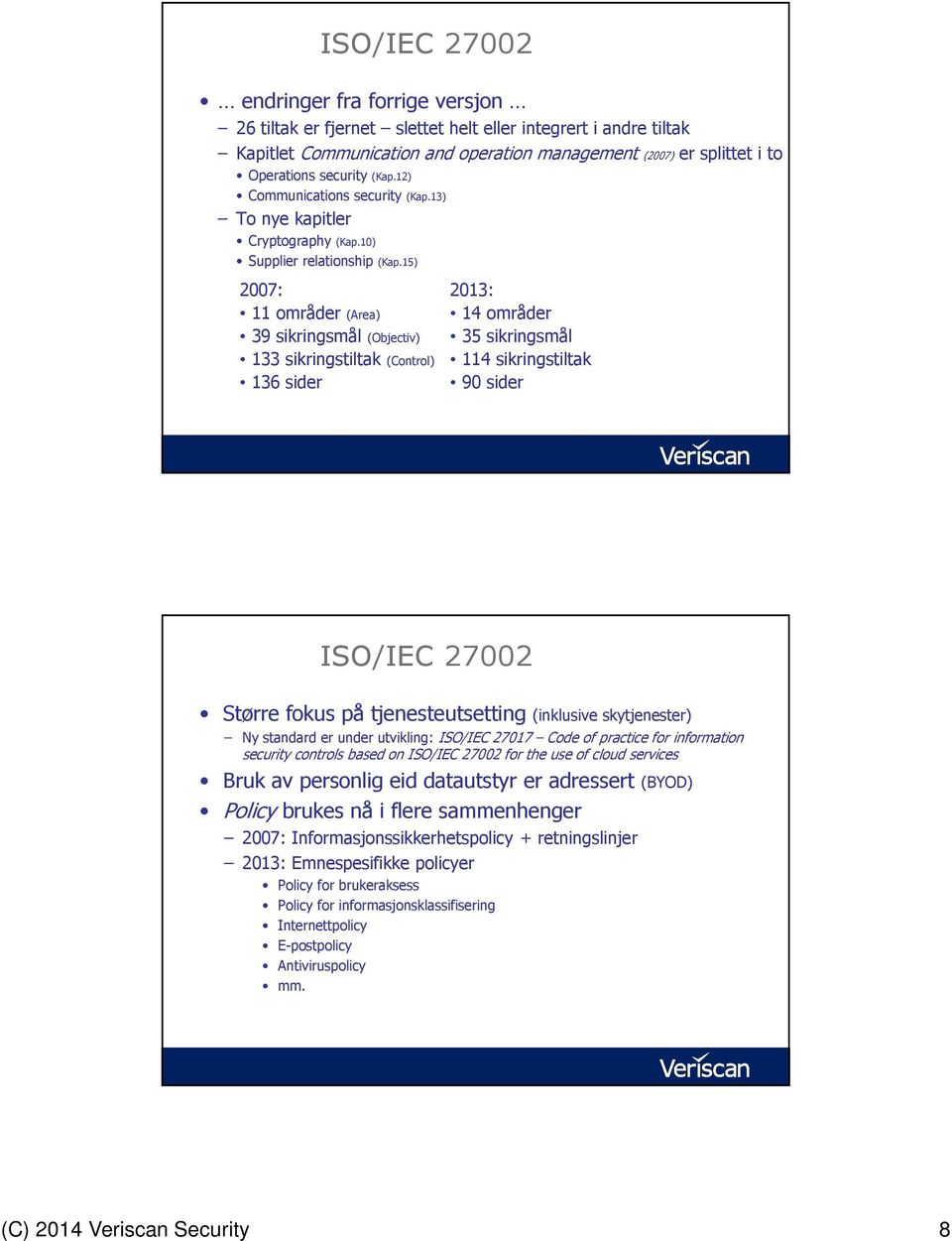 15) 2007: 11 områder (Area) 39 sikringsmål (Objectiv) 133 sikringstiltak (Control) 136 sider 2013: 14 områder 35 sikringsmål 114 sikringstiltak 90 sider ISO/IEC 27002 Større fokus på