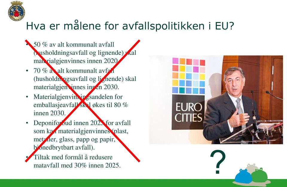 70 % av alt kommunalt avfall (husholdningsavfall og lignende) skal materialgjenvinnes innen 2030.