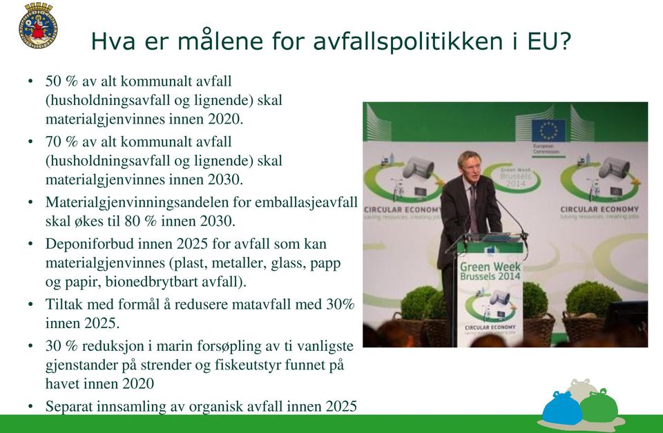 Materialgjenvinningsandelen for emballasjeavfall skal økes til 80 % innen 2030.