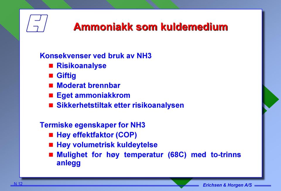 risikoanalysen Termiske egenskaper for NH3 Høy effektfaktor (COP) Høy