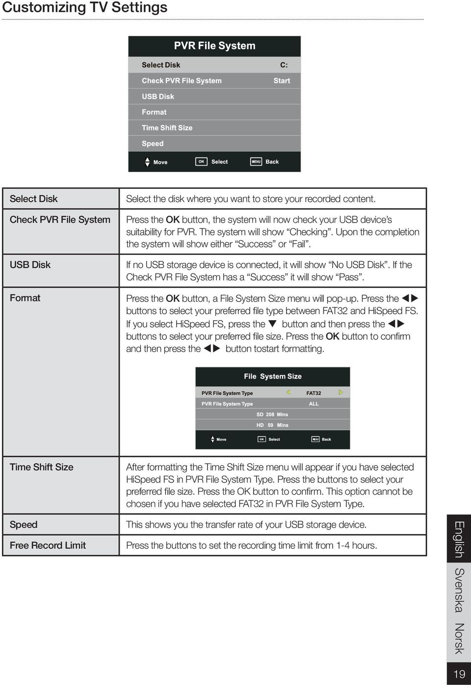 If no USB storage device is connected, it will show No USB Disk. If the Check PVR File System has a Success it will show Pass. Press the OK button, a File System Size menu will pop-up.