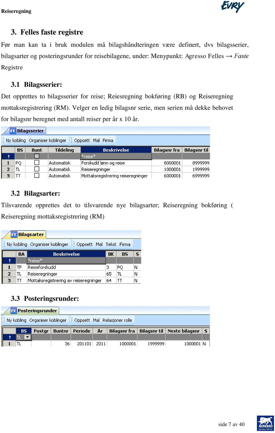 1 Bilagsserier: Det opprettes to bilagsserier for reise; Reiesregning bokføring (RB) og Reiseregning mottaksregistrering (RM).