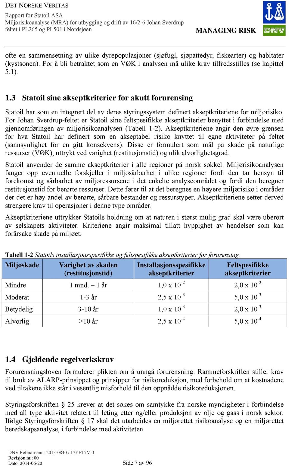 For Johan Sverdrup-feltet er Statoil sine feltspesifikke akseptkriterier benyttet i forbindelse med gjennomføringen av miljørisikoanalysen (Tabell 1-2).