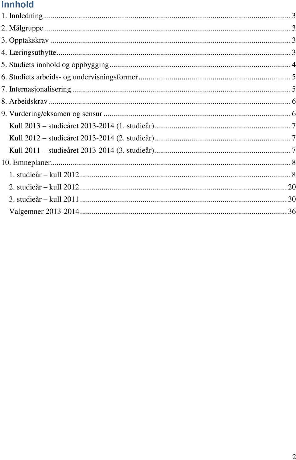 .. 6 Kull 2013 studieåret 2013-2014 (1. studieår)... 7 Kull 2012 studieåret 2013-2014 (2. studieår)... 7 Kull 2011 studieåret 2013-2014 (3.