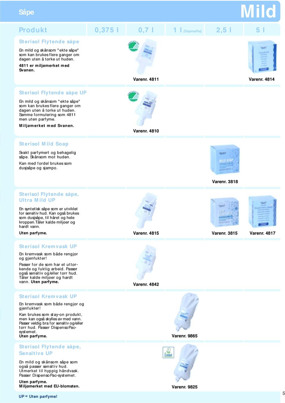 Sam m e f o r m u l er i n g so m 4811 men uten parfyme. Miljømerket med Svanen. Varenr. 4810 St erisol M ild Soap Svakt parf ymert og behagelig såpe. Skånsom mot huden.