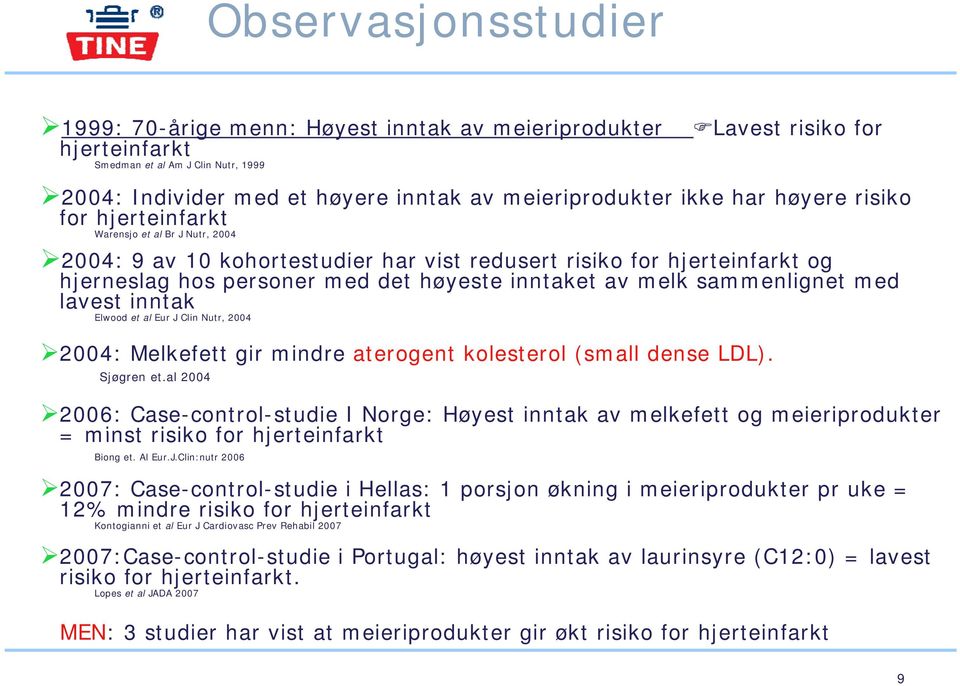 inntaket av melk sammenlignet med lavest inntak Elwood et al Eur J Clin Nutr, 2004 2004: Melkefett gir mindre aterogent kolesterol (small dense LDL). Sjøgren et.