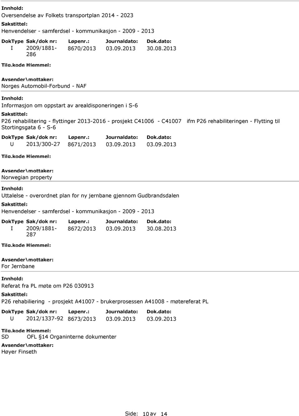 Flytting til Stortingsgata 6 - S-6 2013/300-27 8671/2013 Norwegian property ttalelse - overordnet plan for ny jernbane gjennom Gudbrandsdalen Henvendelser - samferdsel - kommunikasjon -