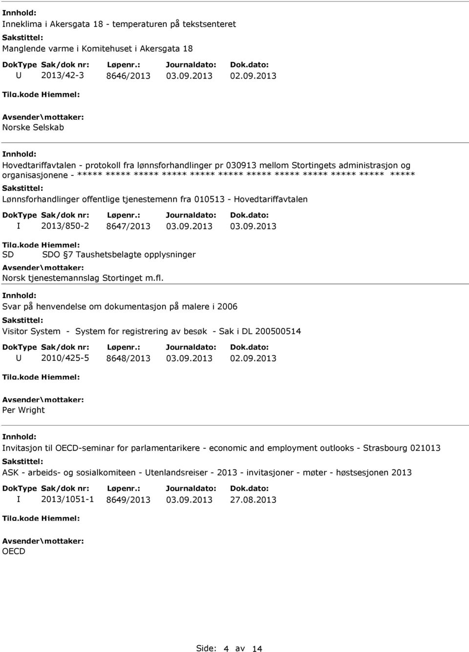 Hovedtariffavtalen 2013/850-2 8647/2013 O 7 Taushetsbelagte opplysninger Norsk tjenestemannslag Stortinget m.fl.