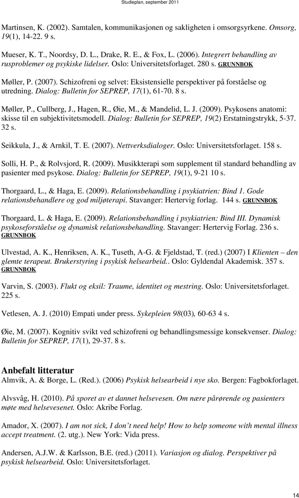 Dialog: Bulletin for SEPREP, 17(1), 61-70. 8 s. Møller, P., Cullberg, J., Hagen, R., Øie, M., & Mandelid, L. J. (2009). Psykosens anatomi: skisse til en subjektivitetsmodell.