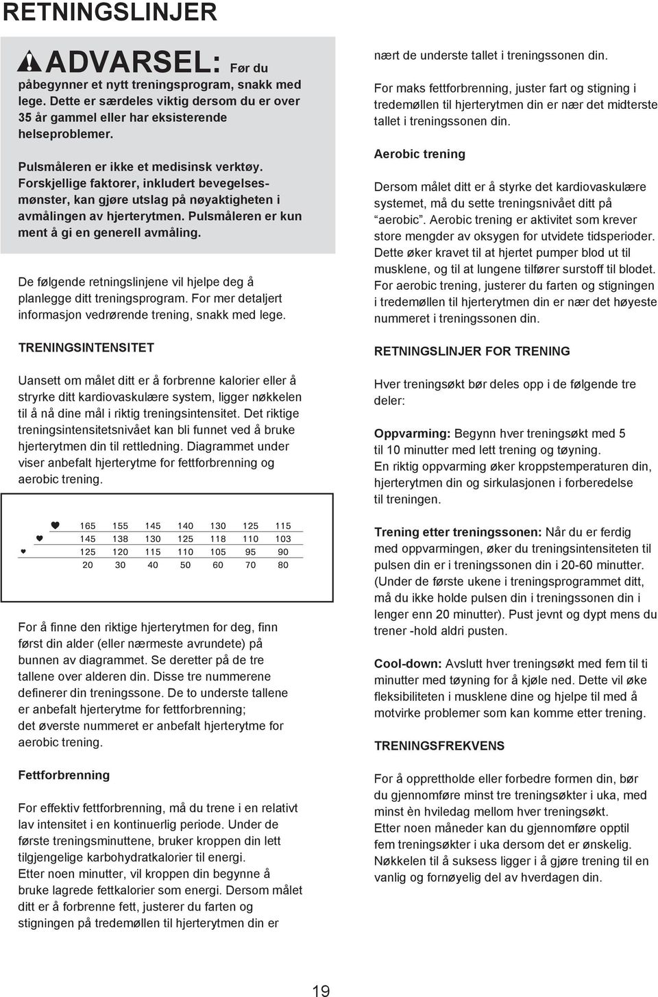 Pulsmåleren er kun ment å gi en generell avmåling. De følgende retningslinjene vil hjelpe deg å planlegge ditt treningsprogram. For mer detaljert informasjon vedrørende trening, snakk med lege.