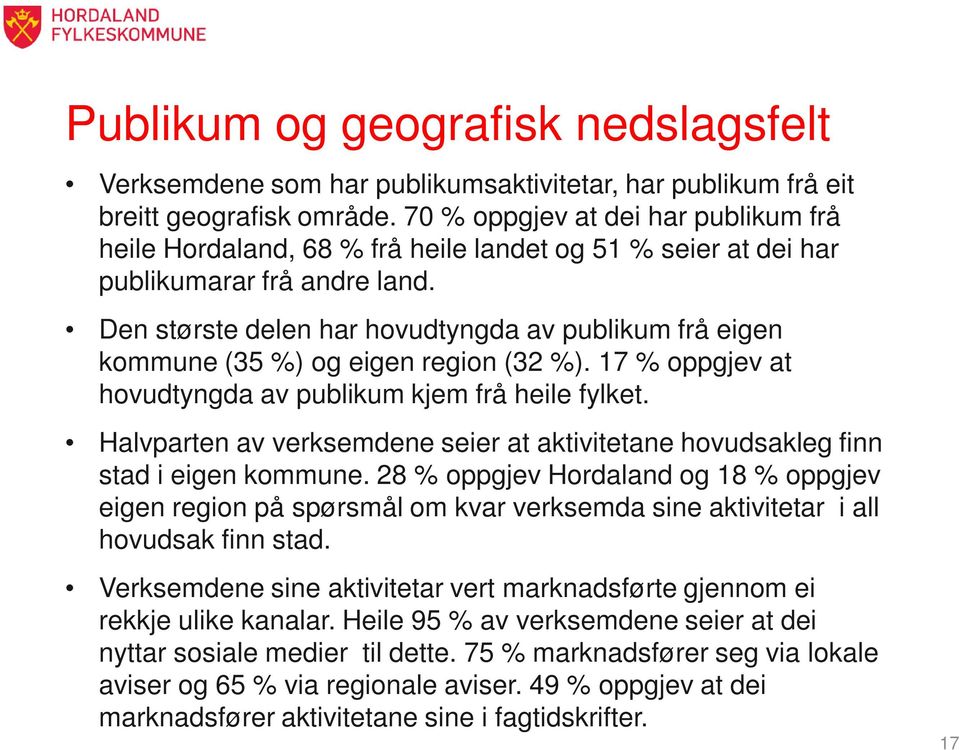 Den største delen har hovudtyngda av publikum frå eigen kommune (35 %) og eigen region (32 %). 17 % oppgjev at hovudtyngda av publikum kjem frå heile fylket.