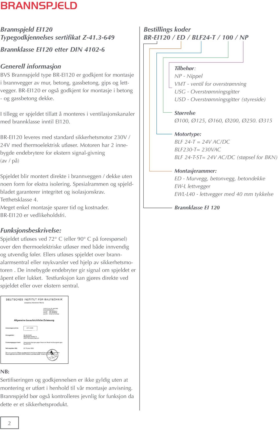 BR-EI120 leveres med standard sikkerhetsmotor 230V / 24V med thermoelektrisk utløser.