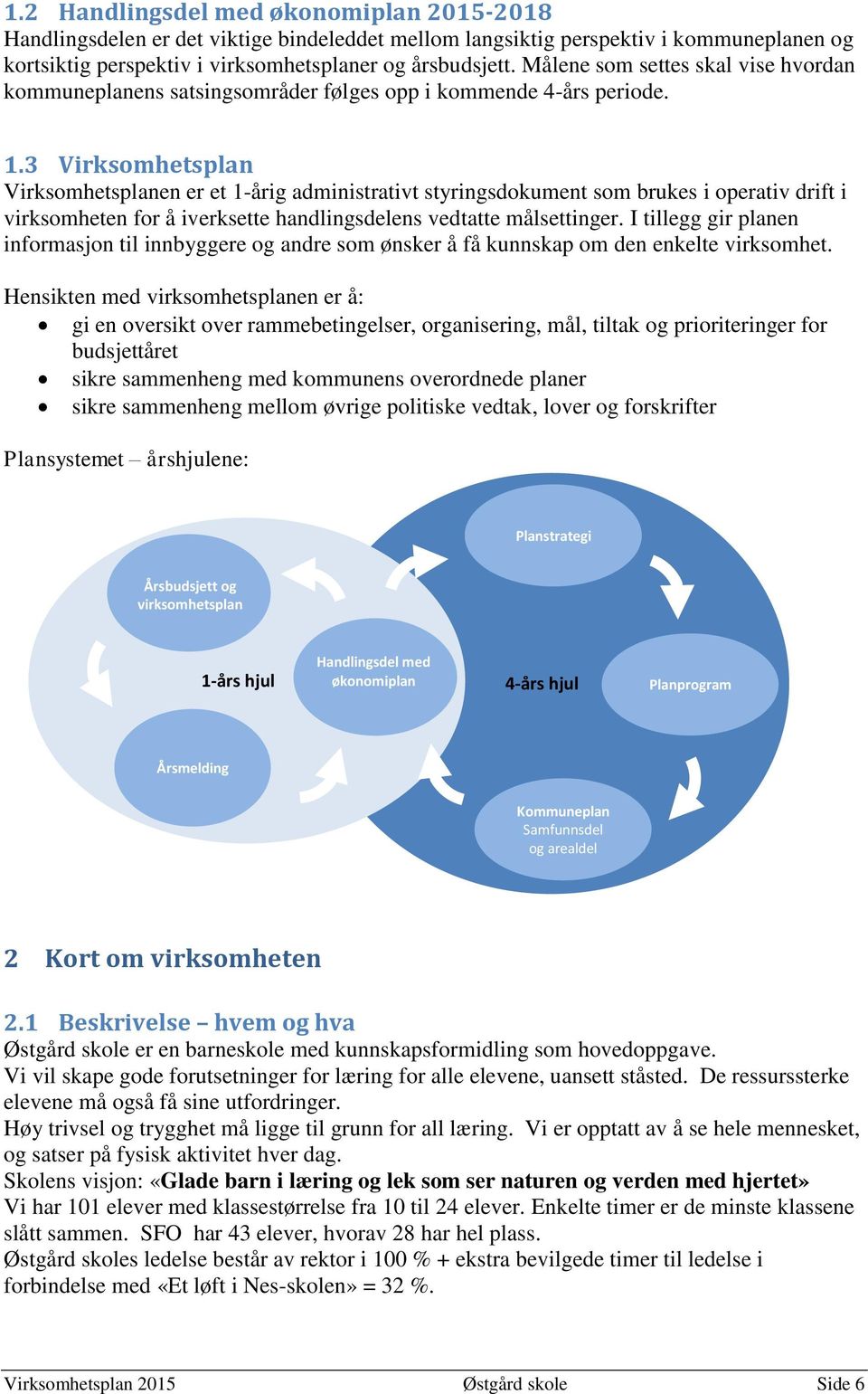 3 Virksomhetsplan Virksomhetsplanen er et 1-årig administrativt styringsdokument som brukes i operativ drift i virksomheten for å iverksette handlingsdelens vedtatte målsettinger.