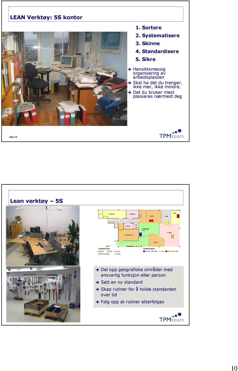 Det du bruker mest plasseres nærmest deg Side 19 Lean verktøy 5S Del opp geografiske områder med