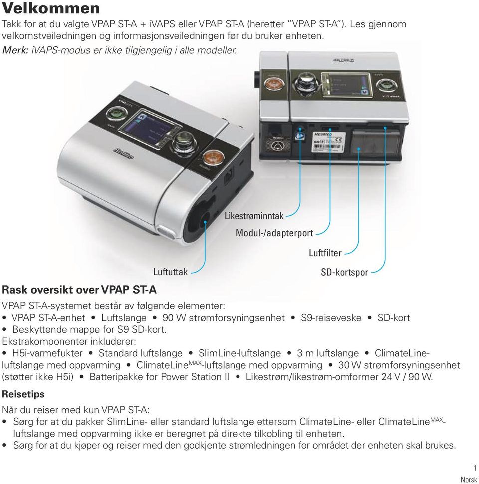 Likestrøminntak Modul-/adapterport Luftfilter Luftuttak SD-kortspor Rask oversikt over VPAP ST-A VPAP ST-A-systemet består av følgende elementer: VPAP ST-A-enhet Luftslange 90 W strømforsyningsenhet