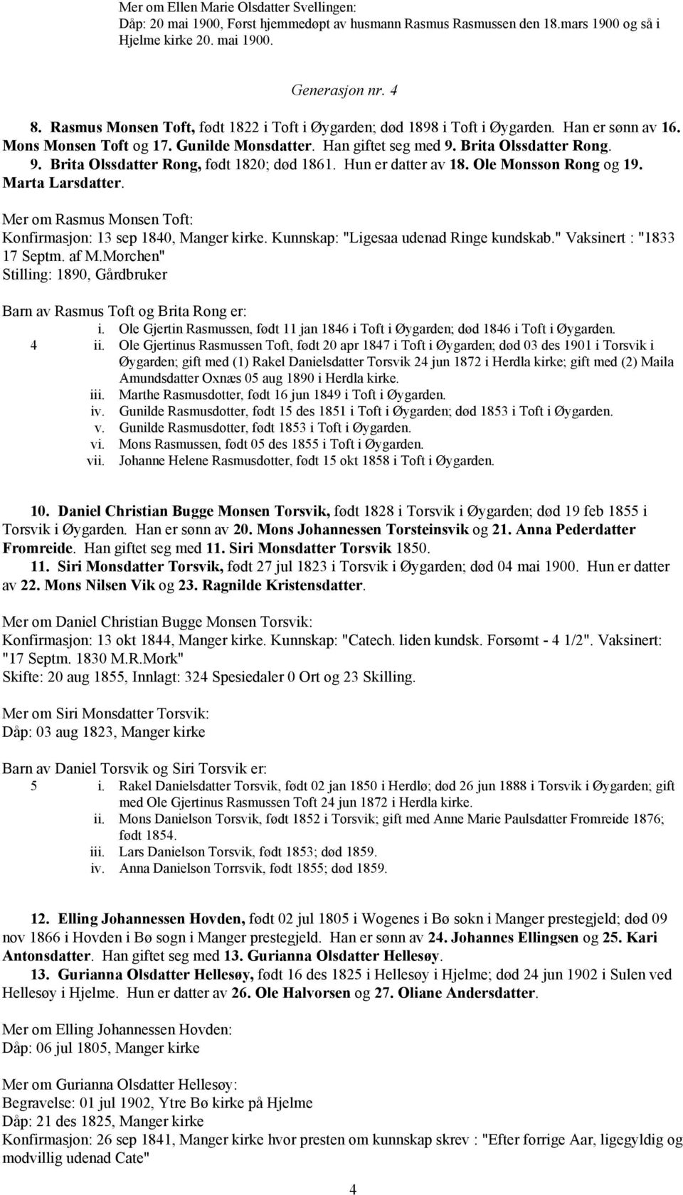 Brita Olssdatter Rong. 9. Brita Olssdatter Rong, født 1820; død 1861. Hun er datter av 18. Ole Monsson Rong og 19. Marta Larsdatter. Mer om Rasmus Monsen Toft: Konfirmasjon: 13 sep 1840, Manger kirke.