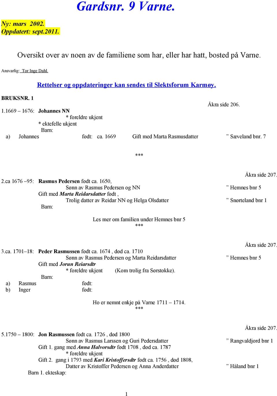 1669 Gift med Marta Rasmusdatter Sæveland bnr. 7 2.ca 1676 95: Rasmus Pedersen født ca.