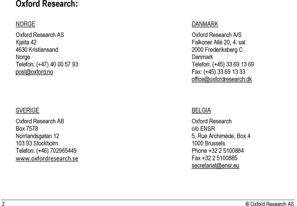 sal 2000 Frederiksberg C Danmark Telefon: (+45) 33 69 13 69 Fax: (+45) 33 69 13 33 office@oxfordresearch.