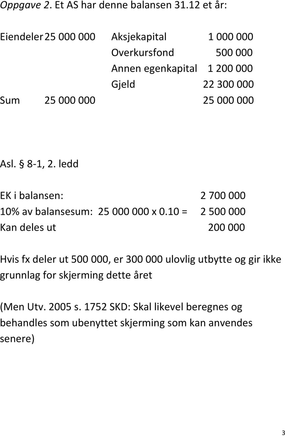 000 000 25 000 000 Asl. 8-1, 2. ledd EK i balansen: 2 700 000 10% av balansesum: 25 000 000 x 0.