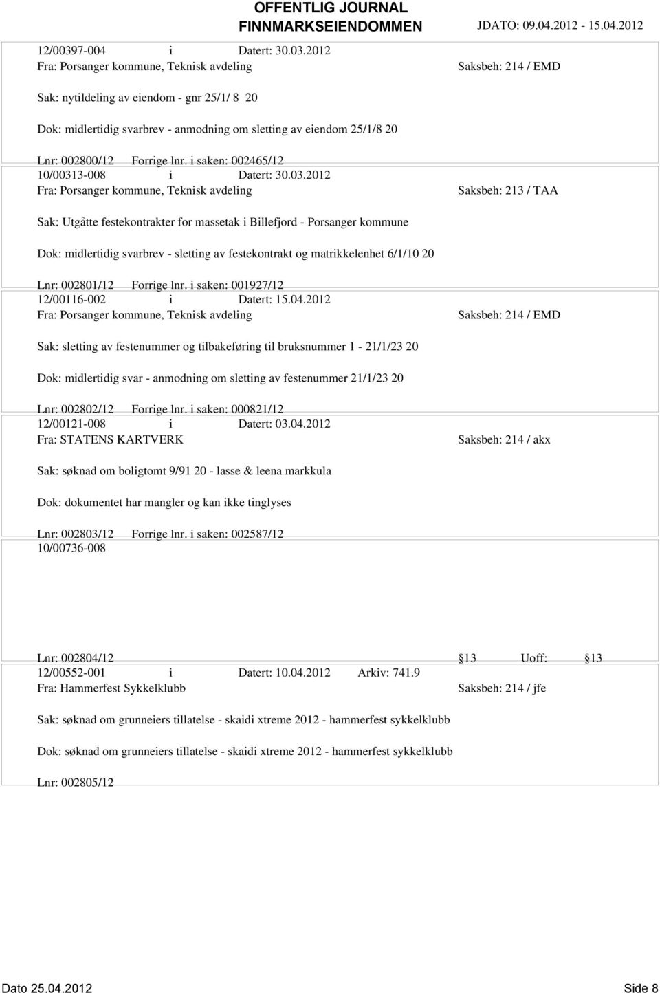 2012 Fra: Porsanger kommune, Teknisk avdeling Sak: nytildeling av eiendom - gnr 25/1/ 8 20 Dok: midlertidig svarbrev - anmodning om sletting av eiendom 25/1/8 20 Saksbeh: 214 / EMD Lnr: 002800/12