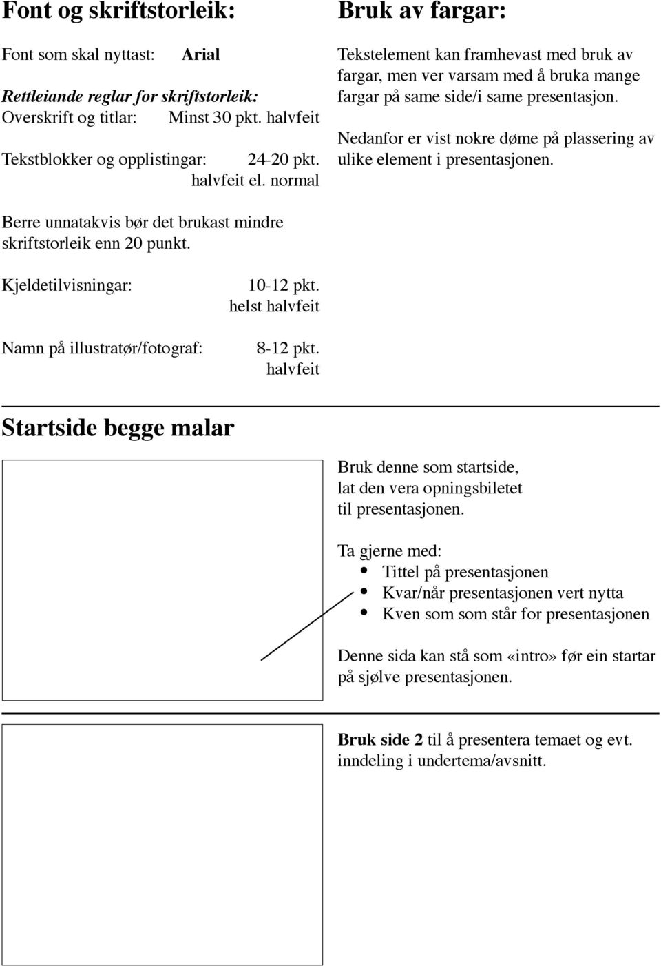 Nedanfor er vist nokre døme på plassering av ulike element i presentasjonen. Berre unnatakvis bør det brukast mindre skriftstorleik enn 20 punkt.