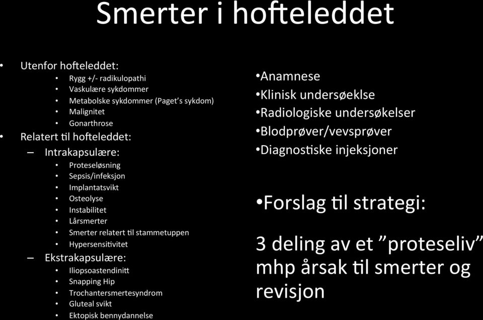 stammetuppen HypersensiHvitet Ekstrakapsulære: IliopsoastendiniR Snapping Hip Trochantersmertesyndrom Gluteal svikt Ektopisk bennydannelse Anamnese