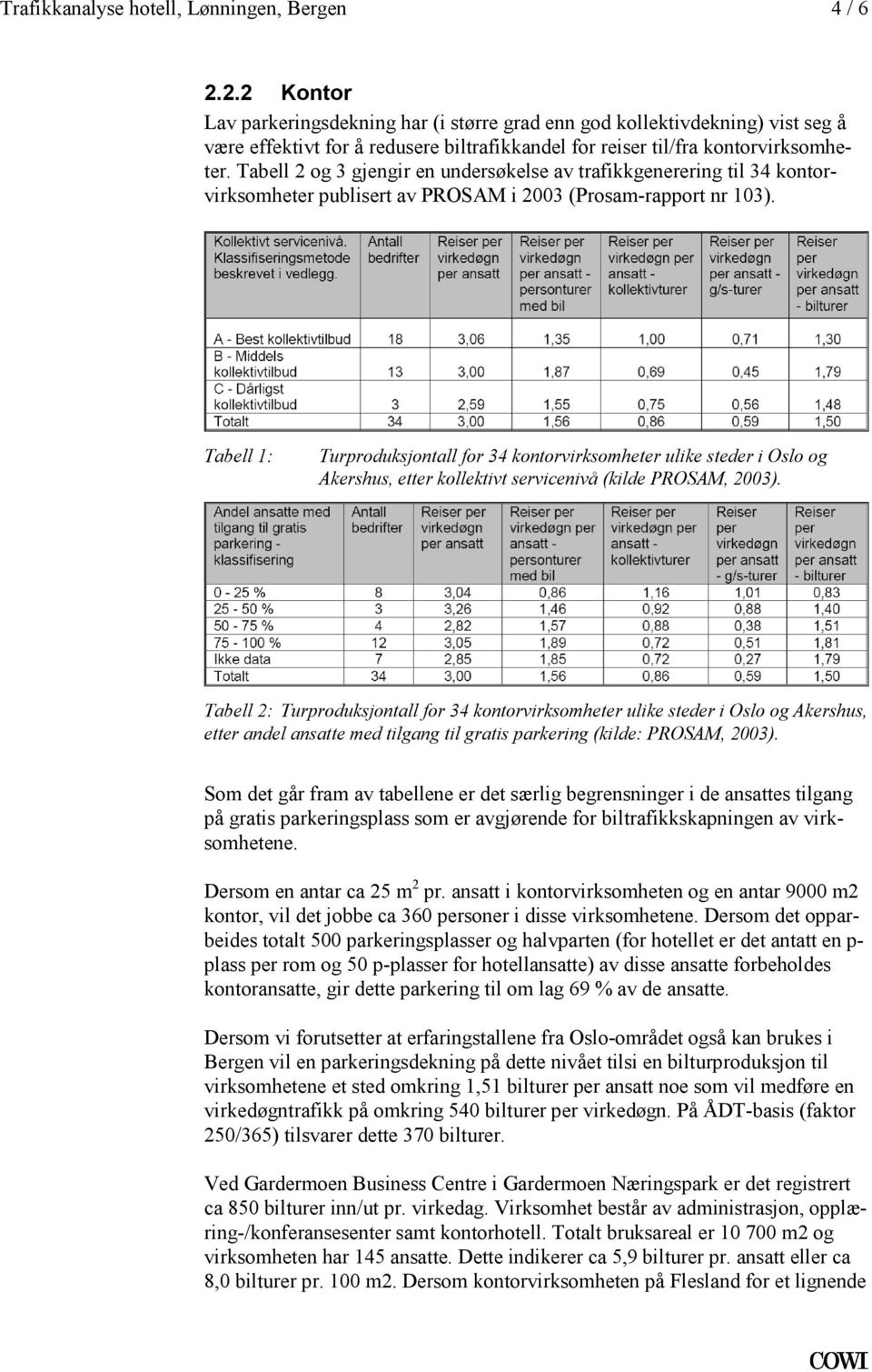 kontorvirksomheter ulike steder i Oslo og Akershus, etter kollektivt servicenivå (kilde PROSAM, 2003) Tabell 2: Turproduksjontall for 34 kontorvirksomheter ulike steder i Oslo og Akershus, etter