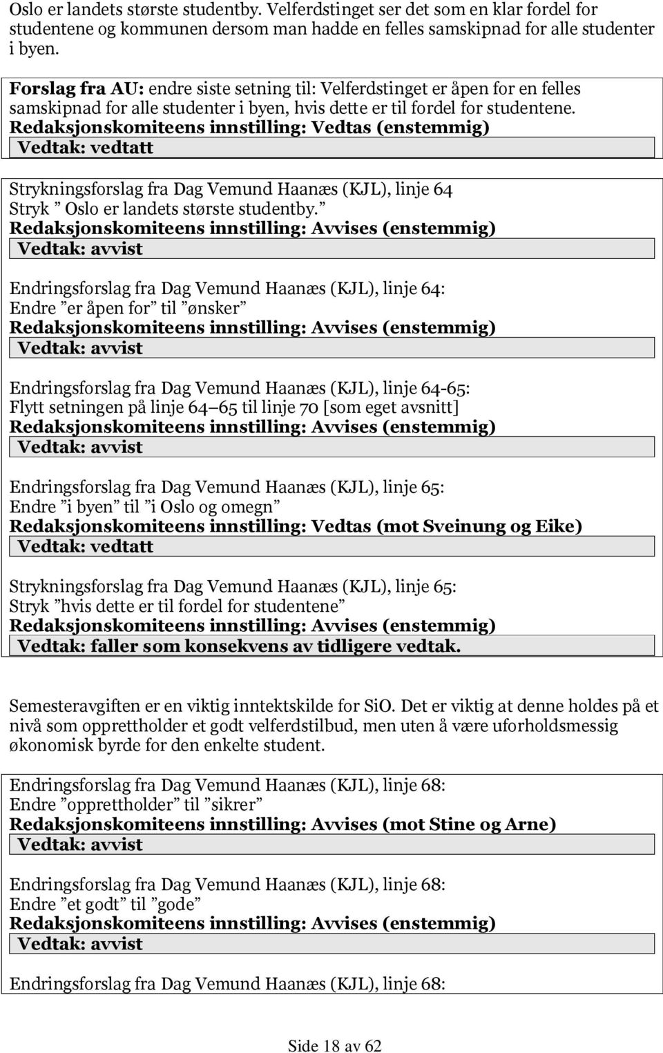 Redaksjonskomiteens innstilling: Vedtas (enstemmig) Strykningsforslag fra Dag Vemund Haanæs (KJL), linje 64 Stryk Oslo er landets største studentby.