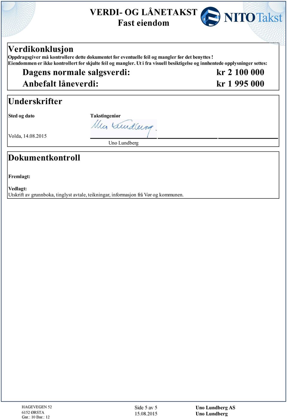 normale salgsverdi: kr 2 100 000 Anbefalt låneverdi: kr 1 995 000 Underskrifter Sted og dato Takstingeniør Volda, 14082015