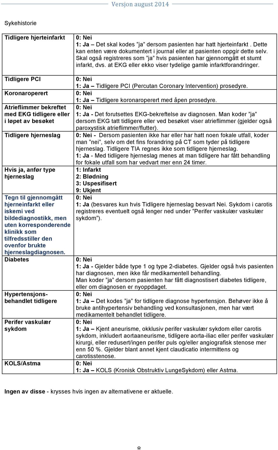 Diabetes Hypertensjonsbehandlet tidligere Perifer vaskulær sykdom KOLS/Astma 1: Ja Det skal kodes ja dersom pasienten har hatt hjerteinfarkt.