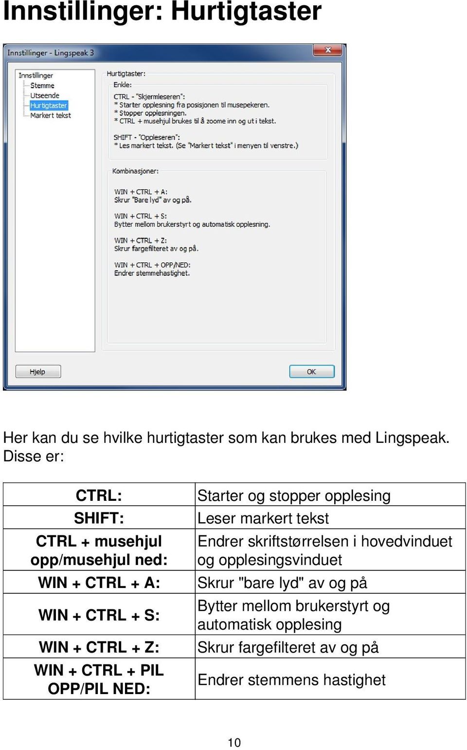 PIL OPP/PIL NED: Starter og stopper opplesing Leser markert tekst Endrer skriftstørrelsen i hovedvinduet og