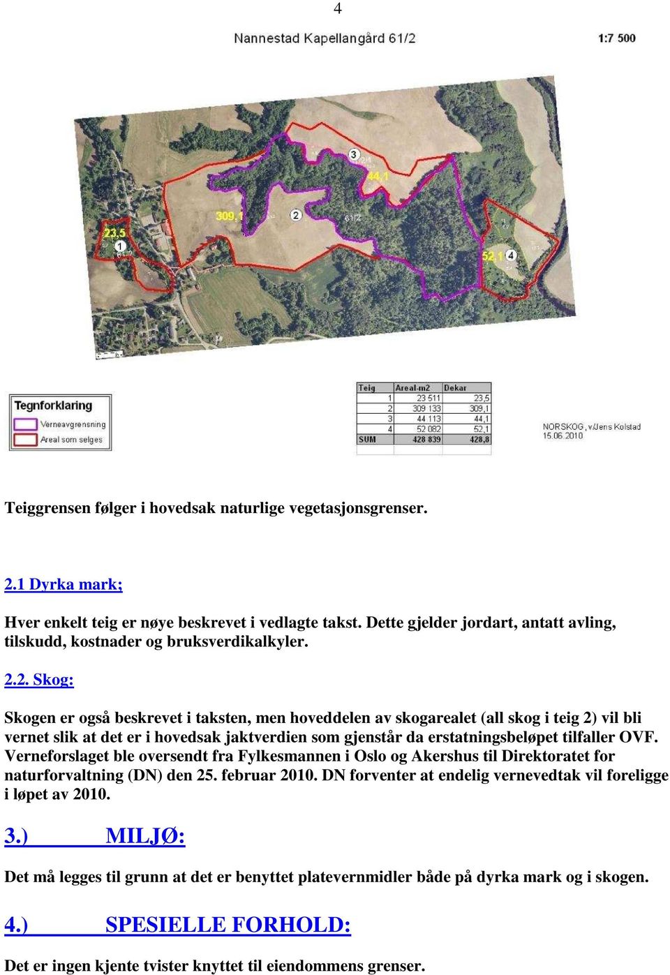 2. Skog: Skogen er også beskrevet i taksten, men hoveddelen av skogarealet (all skog i teig 2) vil bli vernet slik at det er i hovedsak jaktverdien som gjenstår da erstatningsbeløpet tilfaller OVF.